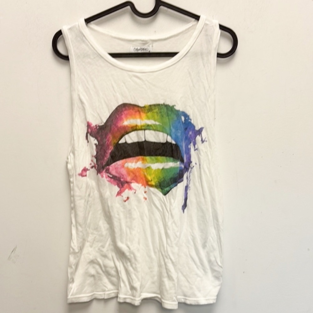 Lauren Moshi White Tank Top with Rainbow Lips Graphic